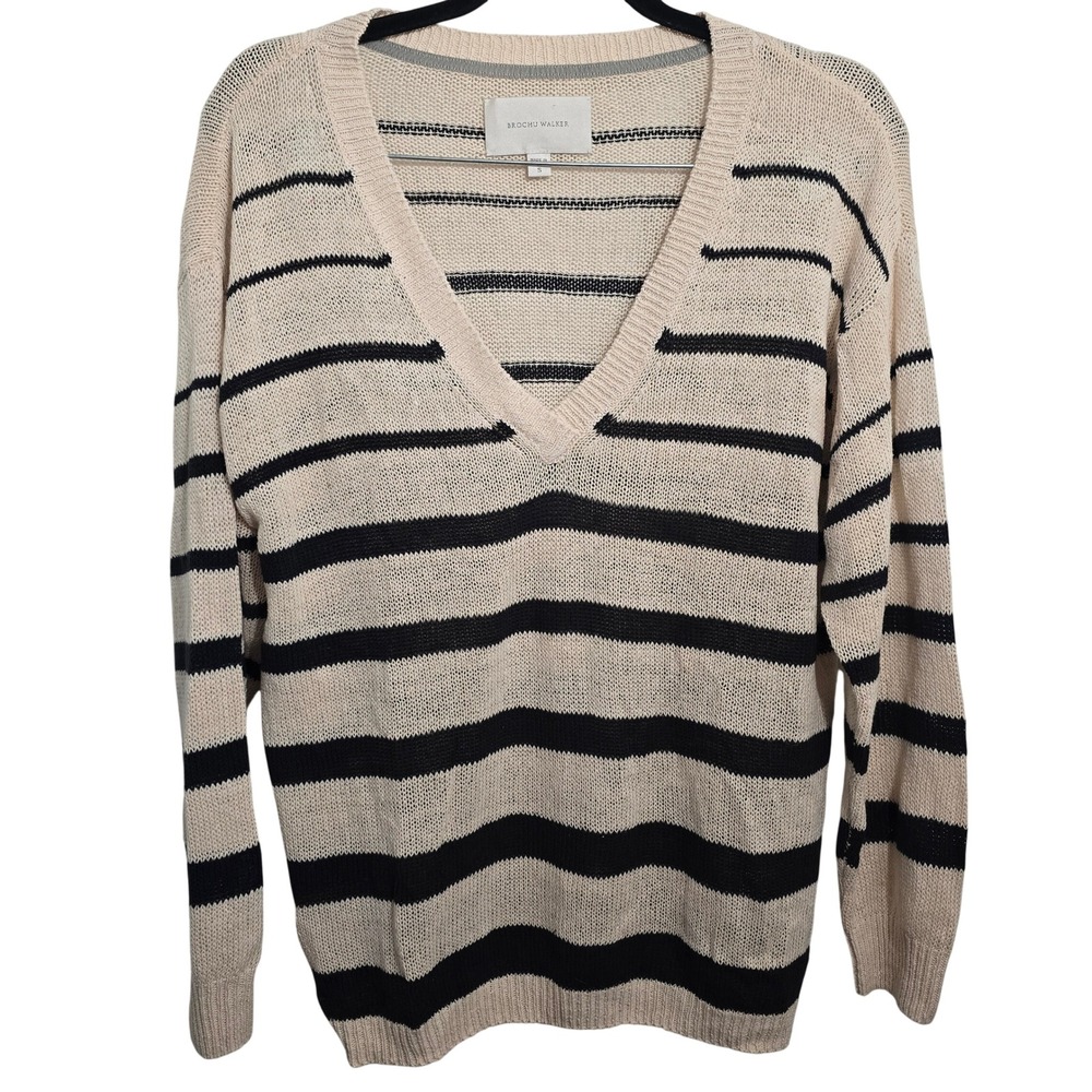 Brochu Walker Striped V-Neck Sweater Cream Black Linen Cotton Knit Womens Small